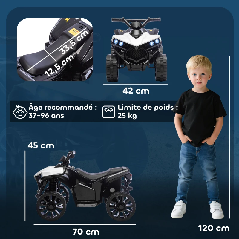 AIYAPLAY Quad électrique enfant 6V, voiture électrique enfants ATV, musique et phares LED, pour 3 à 8 ans, 70 x 42 x 45 cm, blanc