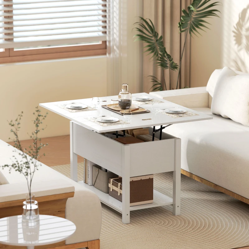 HOMCOM Höhenverstellbarer und ausziehbarer Couchtisch Wohnzimmertisch mit verstecktem Fach offenes Regal 100x45x50,5cm weiß