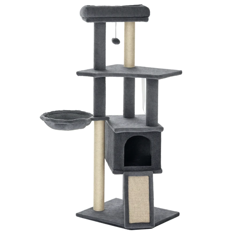 PawHut Árbol Rascador para Gatos Árbol para Gatos 127 cm con Cueva Hamaca Cama Plataformas Rampa de Sisal Bola Colgante Gris