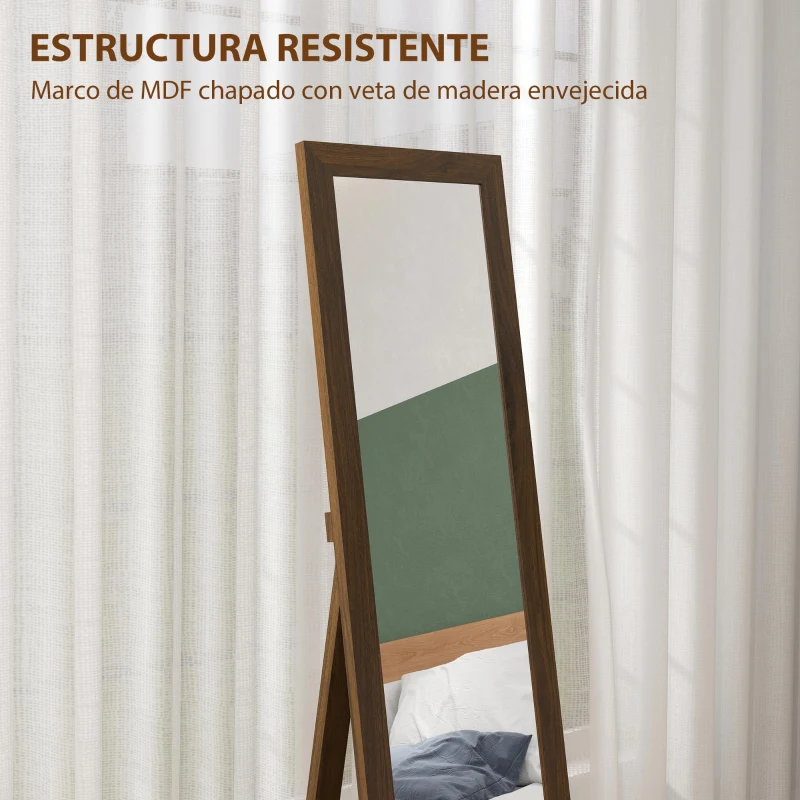 HOMCOM Espejo de Cuerpo Entero 157x37 cm con Marco de MDF Espejo de Pie Inclinado o Colgante Madera Nogal
