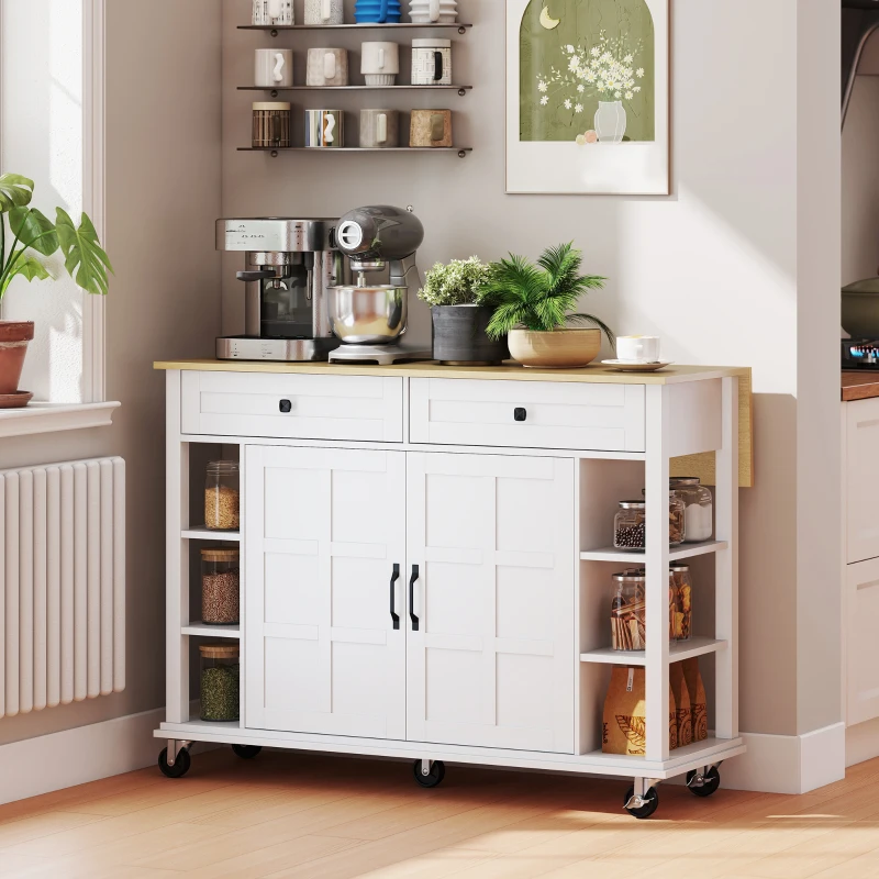 HOMCOM Îlot de Cuisine sur Roulettes Plan de Travail Pliable 2 Portes à Fermeture Douce 2 Tiroirs 6 Étagères Ouvertes Blanc