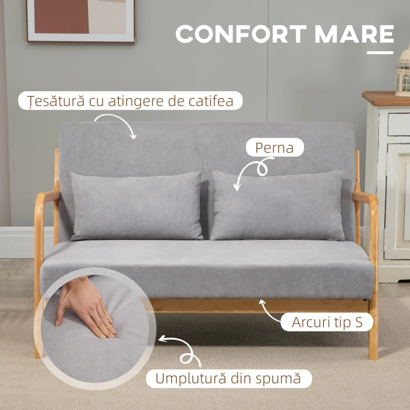 HOMCOM Canapea cu 2 locuri moderna din Lemn cu perne, tasatura cu efect de catifea, 122x80x72 cm, Gri(m-4)