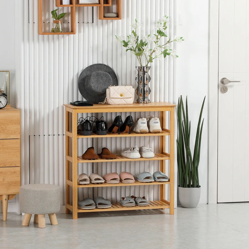 HOMCOM Étagère à chaussures à 5 niveaux, porte-chaussures en bambou avec 4 étagères à lattes, 80x29x82cm, effet bois naturel
