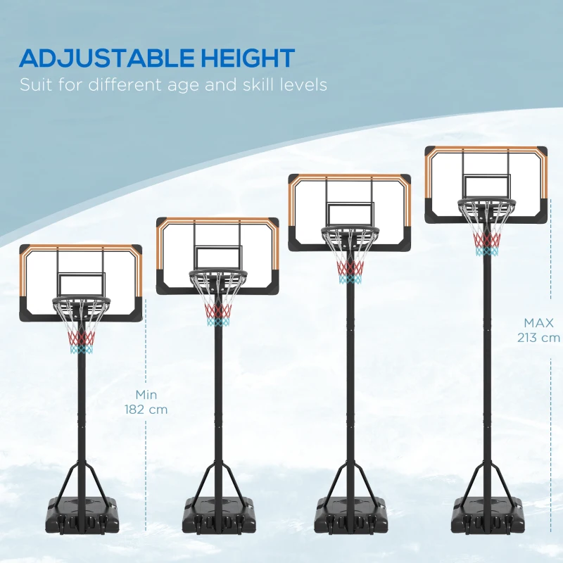 SPORTNOW Height Adjustable Basketball Stand Net Set System, Freestanding Basketball Hoop and Stand with Wheels, 182-213cm - Black