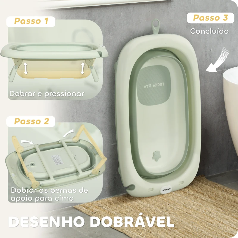 AIYAPLAY Banheira Dobrável Bebé com Almofada de Banho Suporte Orifício de Drenagem e de Chuveiro 86x53x25,5 cm Verde