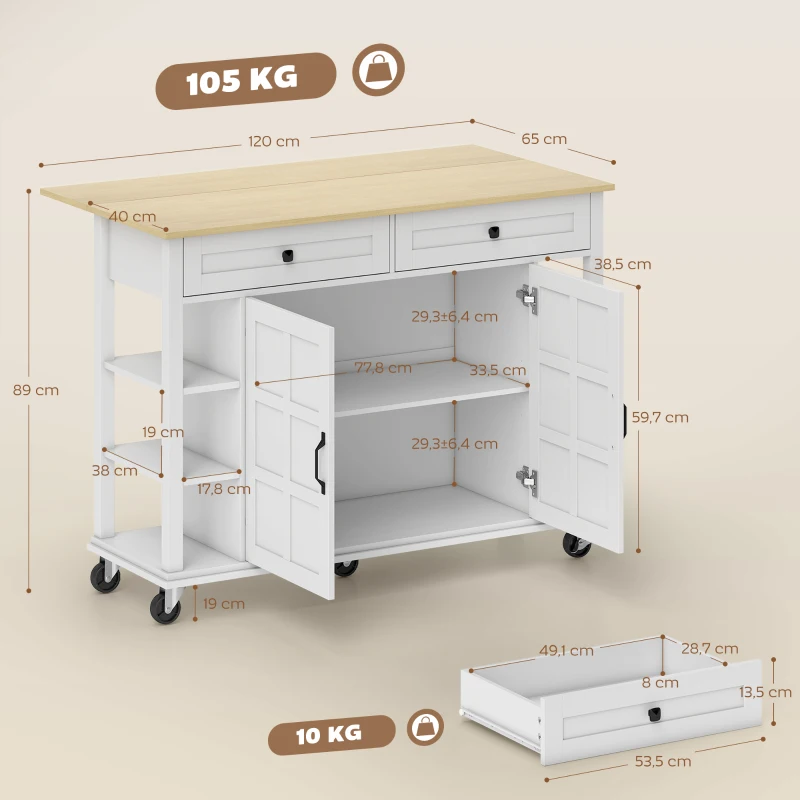 HOMCOM Îlot de Cuisine sur Roulettes Plan de Travail Pliable 2 Portes à Fermeture Douce 2 Tiroirs 6 Étagères Ouvertes Blanc