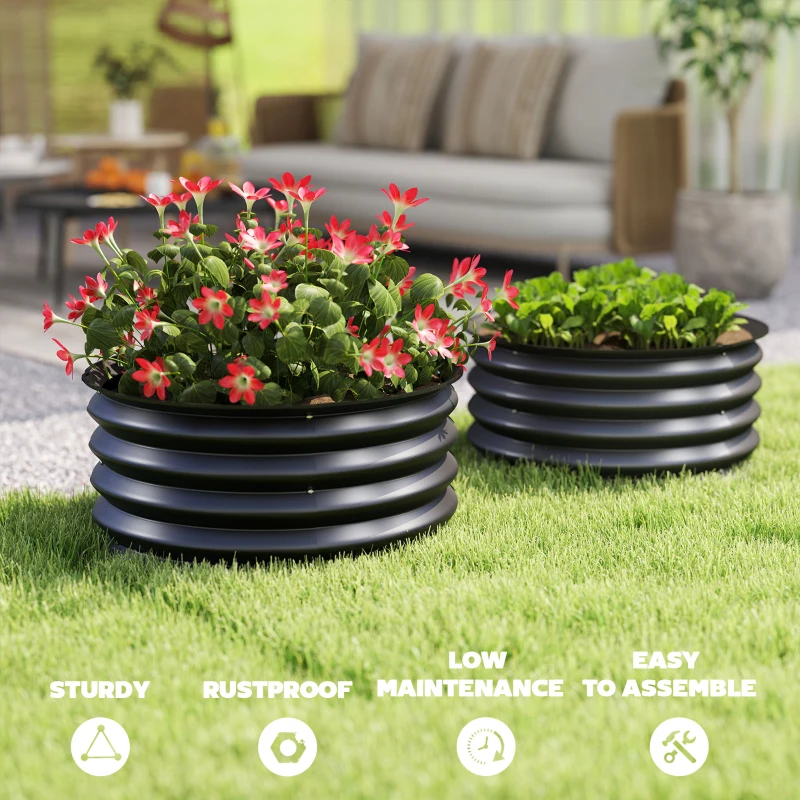 Outsunny Set of 2 Raised Garden Bed, Metal Planter Box with Safety Edging, Easy-to-assemble Stock Tank, Dark Grey