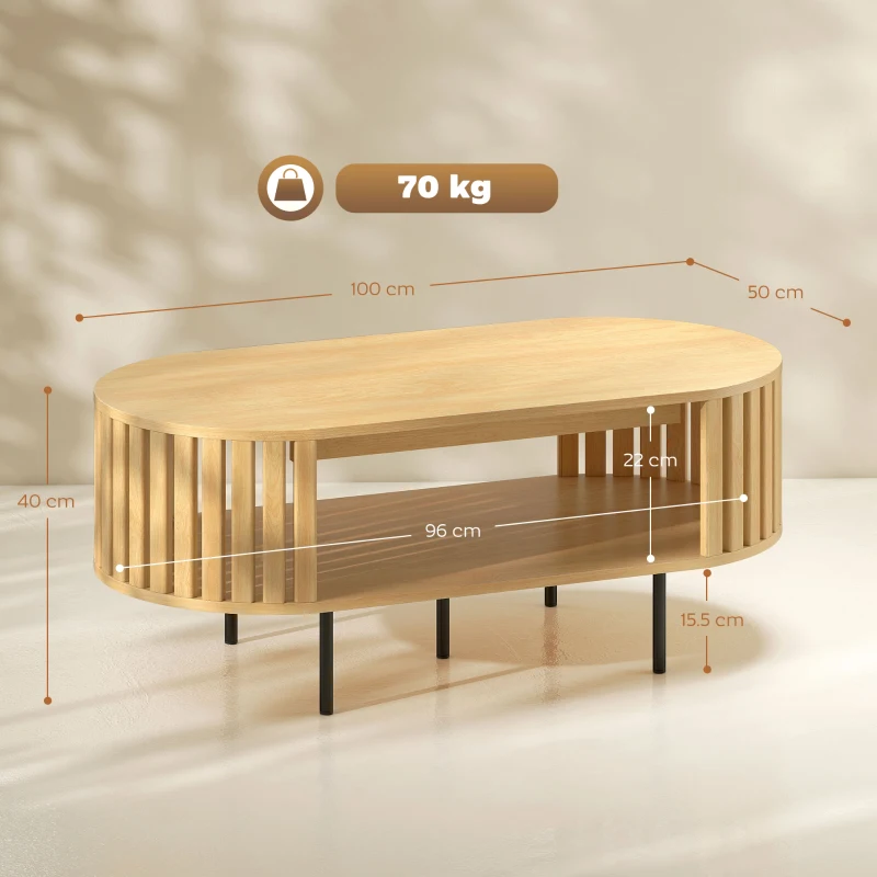 HOMCOM Tavolino ovale con vano contenitore, angoli arrotondati, design a listelli, 100 x 50 x 40 cm, Legno naturale