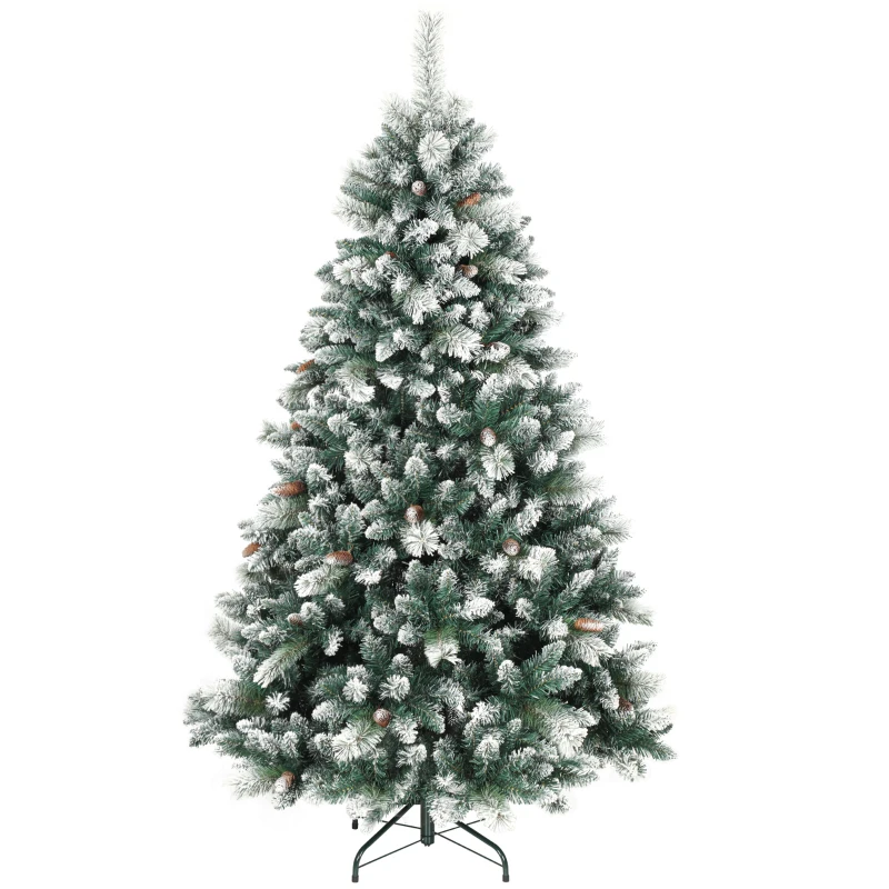 HOMCOM Künstlicher Weihnachtsbaum 180 cm künstlich Tannenbaum mit Schnee, 1000 Spitzen 34 Tannenzapfen Breite Basis