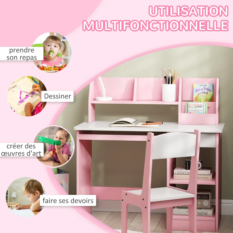 ZONEKIZ Bureau enfant avec chaise ergonomique avec clavier coulissant tiroir niches et étagères ouvertes 90 x 45 x 90 cm rose