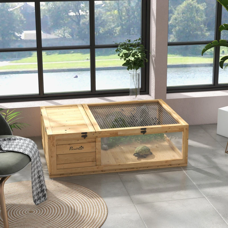 PawHut Maison enclos cage habitat pour petit animal tortues avec 2 espaces 91 x 60,5 x 32 cm bois massif jaune clair