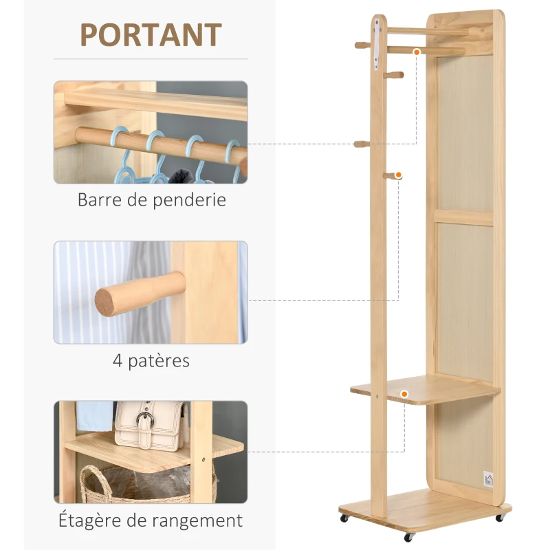 HOMCOM Miroir sur Pied avec roulettes - Portant, 4 patères étagère MDF Aspect Bois Clair