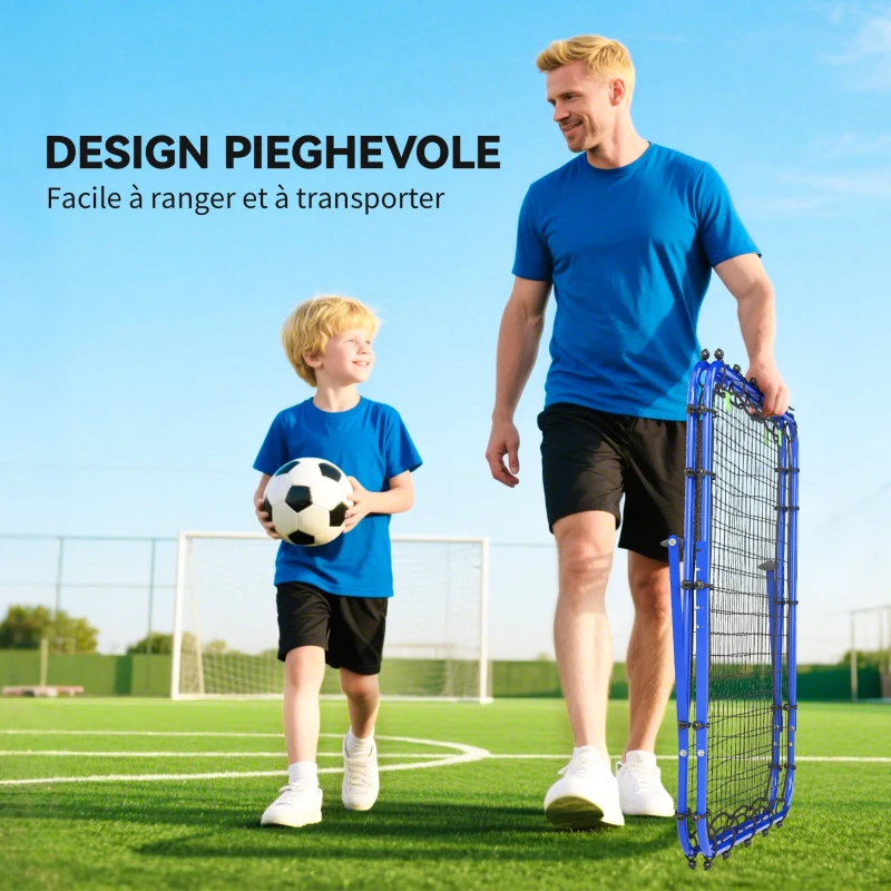 HOMCOM Rete da Calcio Rebounder Pieghevole con Angolo Regolabile e Picchetti, 100x95x90 cm, Blu
