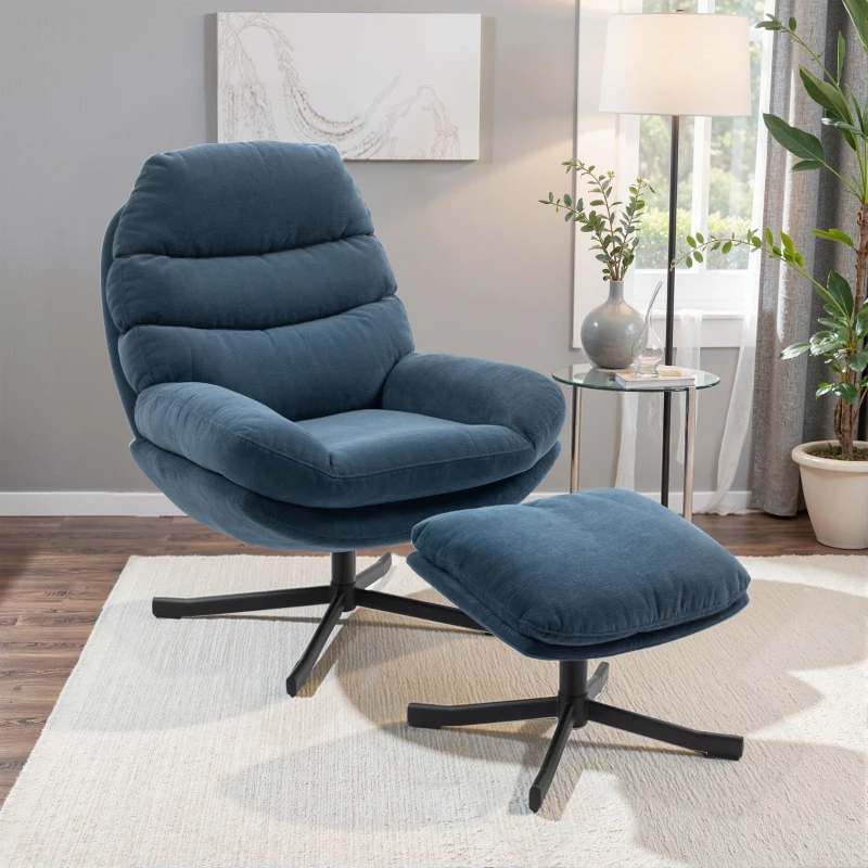 HOMCOM Sillón relax con otomana Sillón lounge con tela chenilla, sillón moderno para ver la TV, 78 x 93 x 100 cm, azul