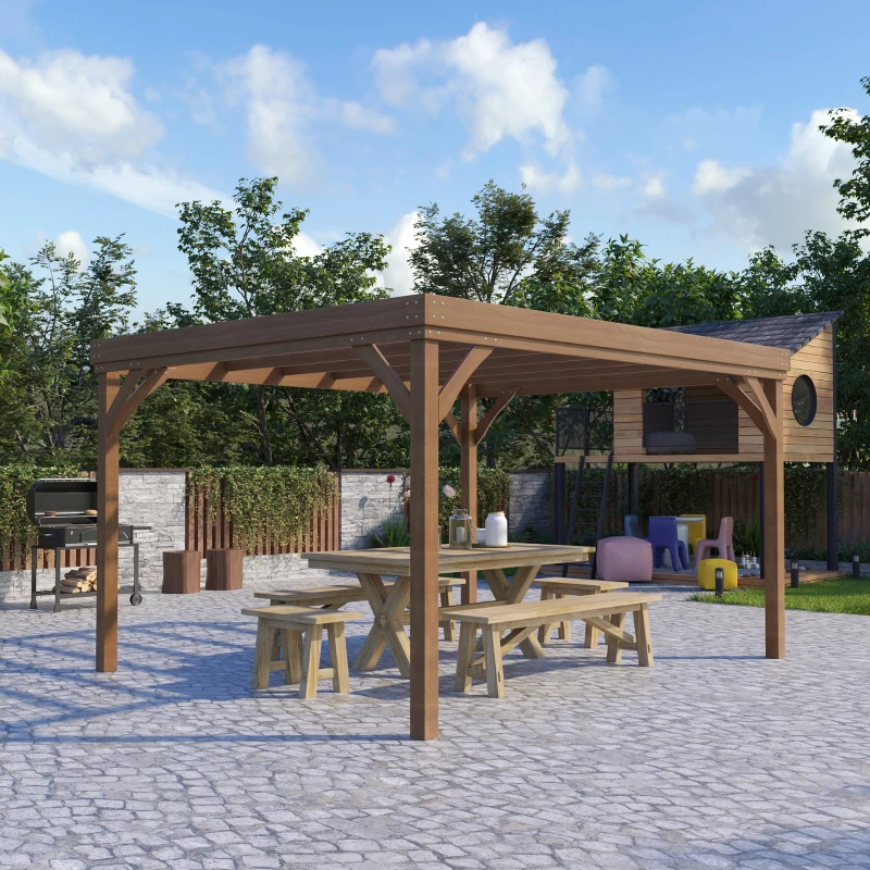 Outsunny Pergola 4 x 3 m en bois traditionnelle autoportante avec 4 pieds Toit terrasse à décorer - marron