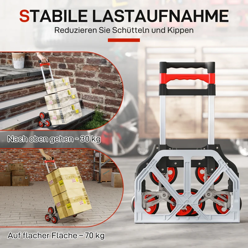 HOMCOM Faltbarer Treppensteiger-Trolley, 6-Rad-System, trägt 70 kg, Aluminium, Rot
