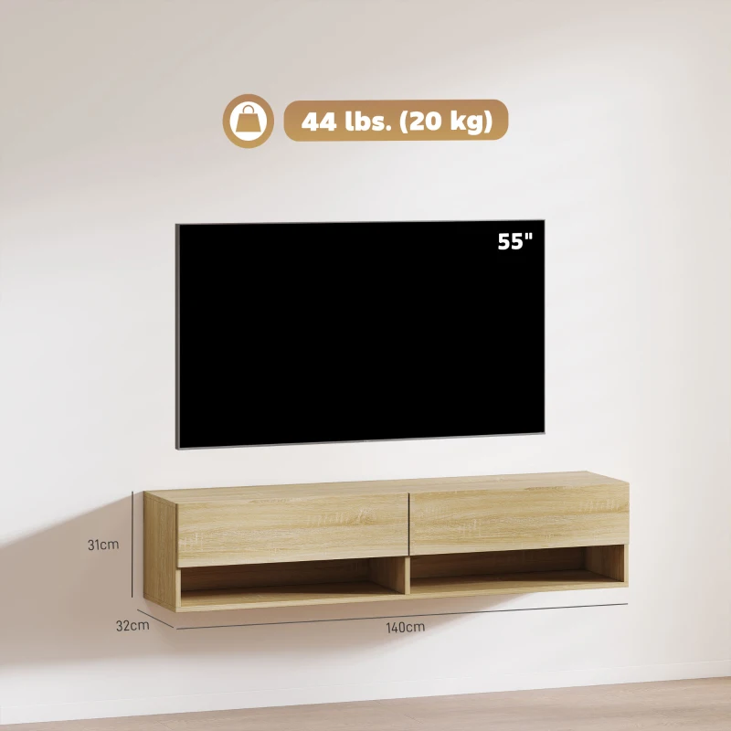 HOMCOM Wand-TV-Möbel 2 Klappen 2 offene Ablagen für Fernseher 152,4 cm 140x32x31 cm Naturholz