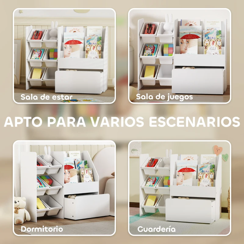 AIYAPLAY Estantería Infantil para Juguetes con 6 Cajas Extraíbles 3 Estantes Abiertos y Cajón Inferior con Ruedas para Guardería