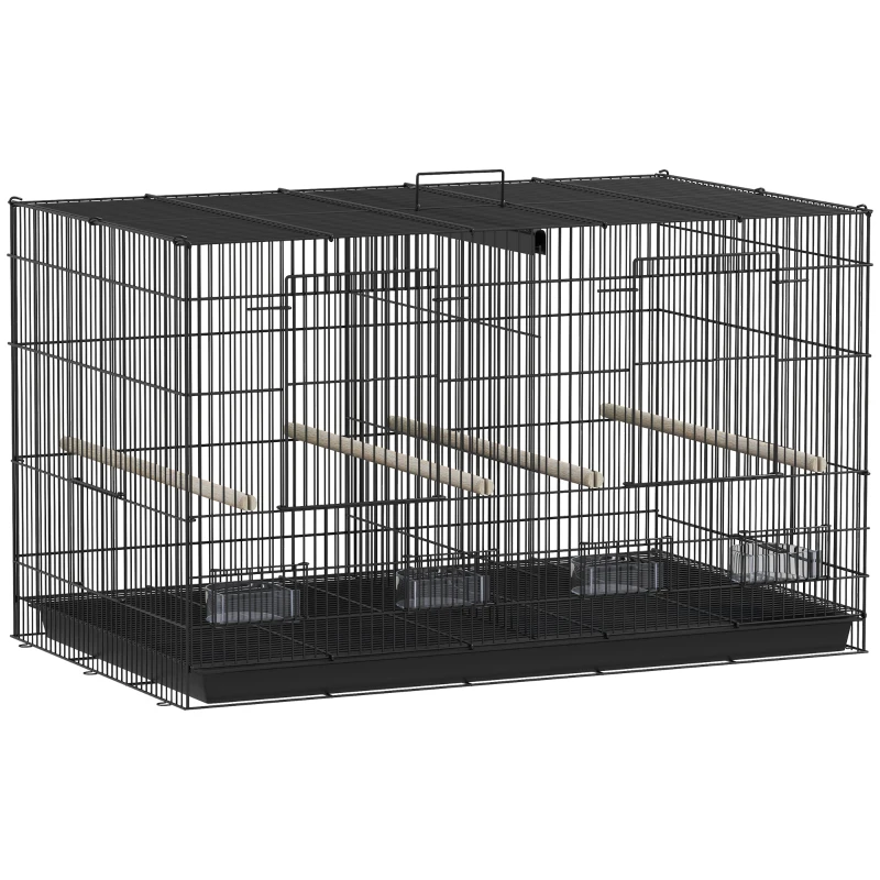 PawHut Jaula para Pájaros con Divisor 4 Comederos 4 Perchas Bandeja Extraíble para Loros Canarios Periquitos 76x46x46 cm Negro