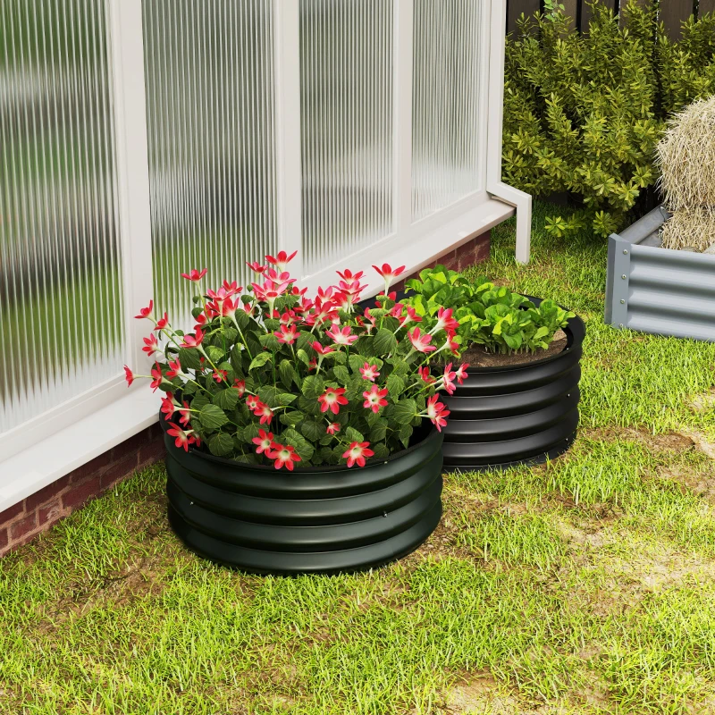 Outsunny Set of 2 Raised Garden Bed, Metal Planter Box with Safety Edging, Easy-to-assemble Stock Tank, Dark Grey