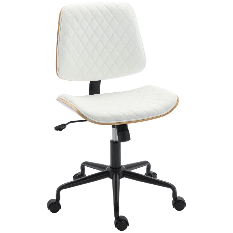 HOMCOM Chaise de Bureau sans Accoudoirs Pivotante avec Dossier Courbé Assise en U Hauteur Réglable Basculante Blanc