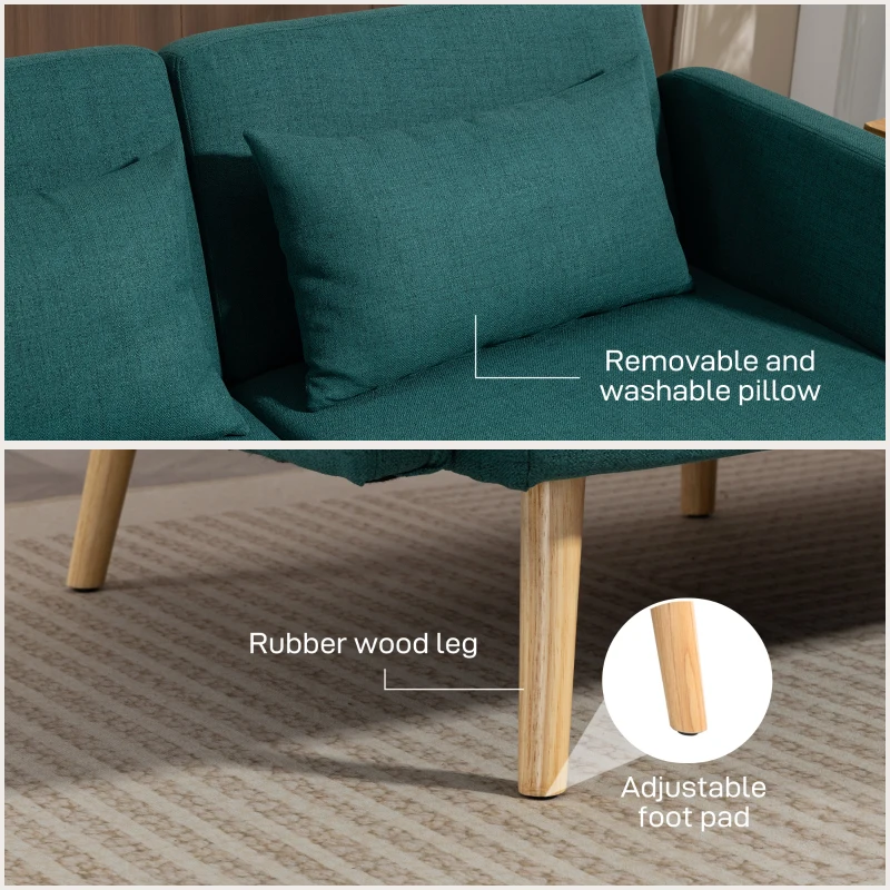 HOMCOM Schlafsofa, 3-Sitzer-Sofa mit Bettfunktion, 2 Kissen, Polstersofa mit verstellbarer Rückenlehne, Leinenoptik, Grün