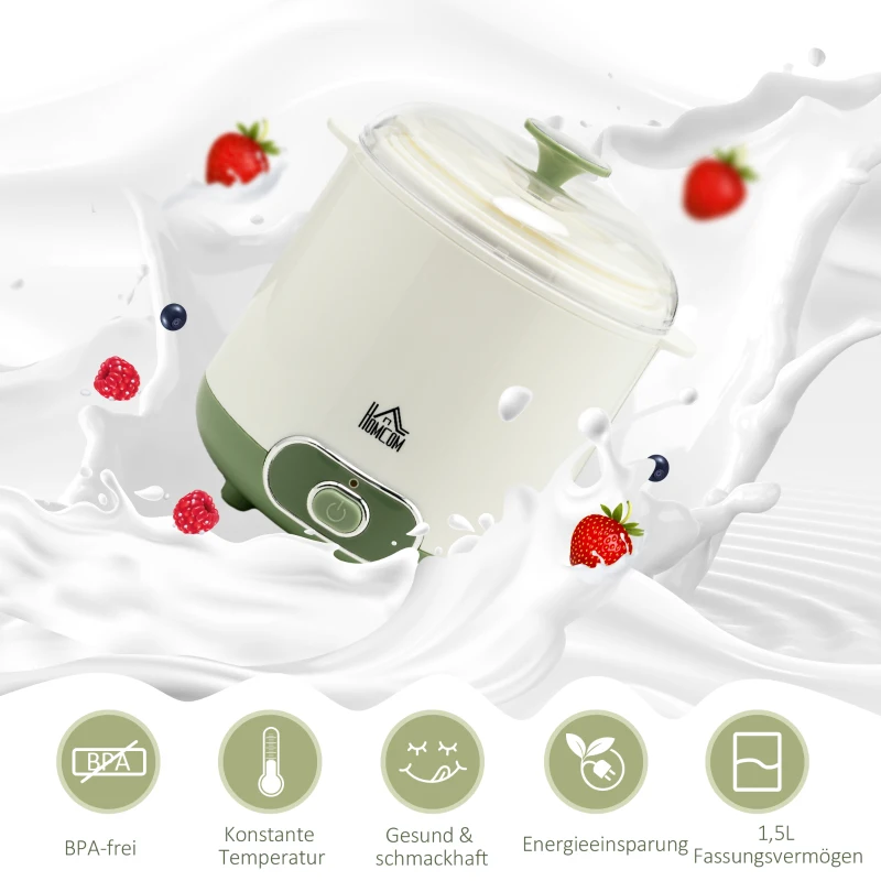 HOMCOM Joghurtbereiter, 1,5 L Joghurtmaschine mit 2 Gläsern, Sieb, Deckel, 20 W Joghurt-Maker für griechischen Joghurt, für 3–5 Personen, 19,5x17,5x21,4 cm, Weiß