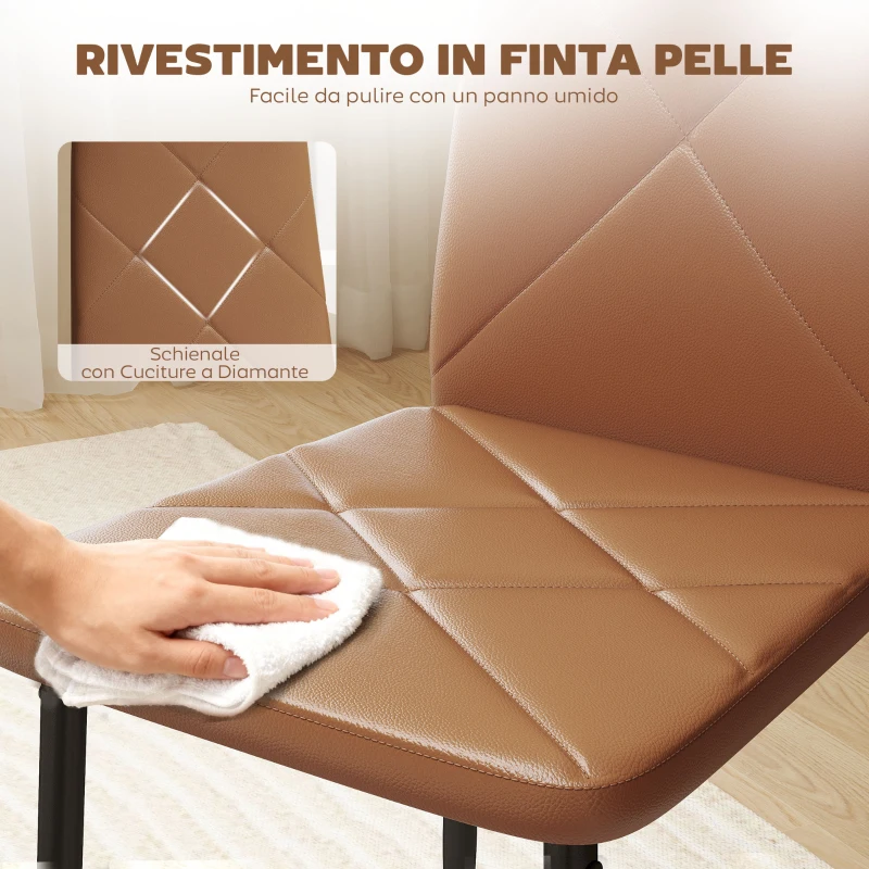 HOMCOM Set di 4 Sedie da Pranzo Moderne con Schienale Alto in Finta Pelle e Acciaio, 41x50x97 cm, Marrone