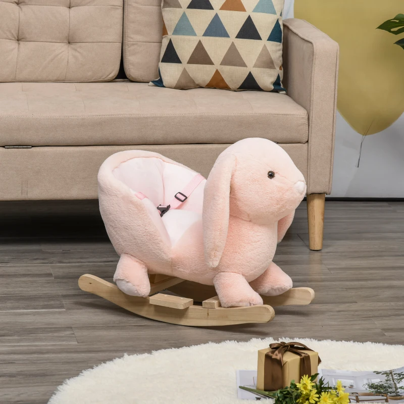 HOMCOM Cheval à Bascule Jouet à Bascule Lapin pour Enfants 18-36 Mois Fauteuil intégré Ceinture de sécurité Fonction sonore clapissement Rose