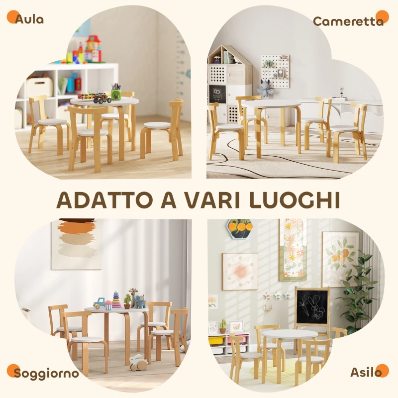 AIYAPLAY Set Tavolo e Sedie per Bambini 3-8 Anni 5 pz con Bordi Arrotondati in Legno Bianco