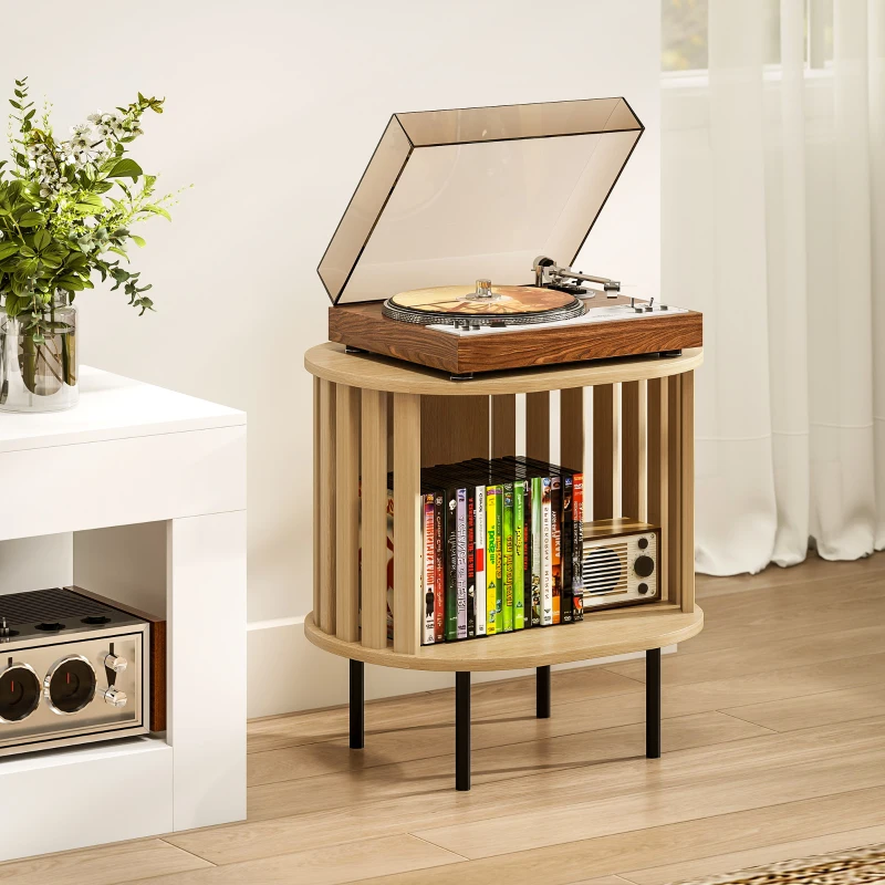 HOMCOM Tavolino da salotto ovale con vano aperto, gambe in acciaio, design a doghe 50x39x50cm Legno naturale