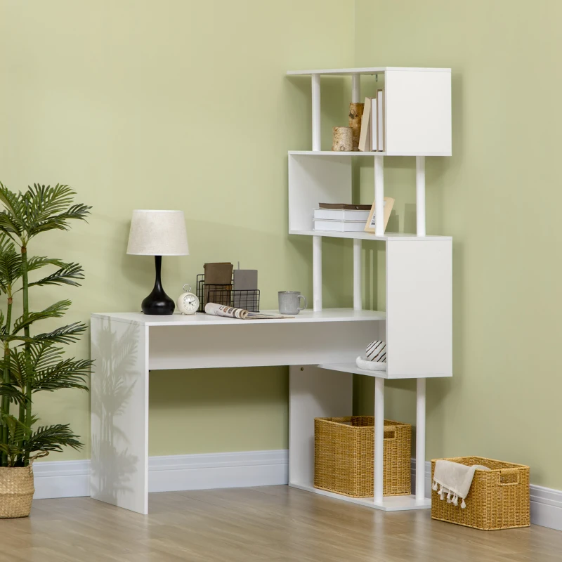 HOMCOM Bureau d'angle bureau informatique en forme de L avec étagères à 4 niveaux en bois 120 x 80 x 176 cm blanc(m-10)