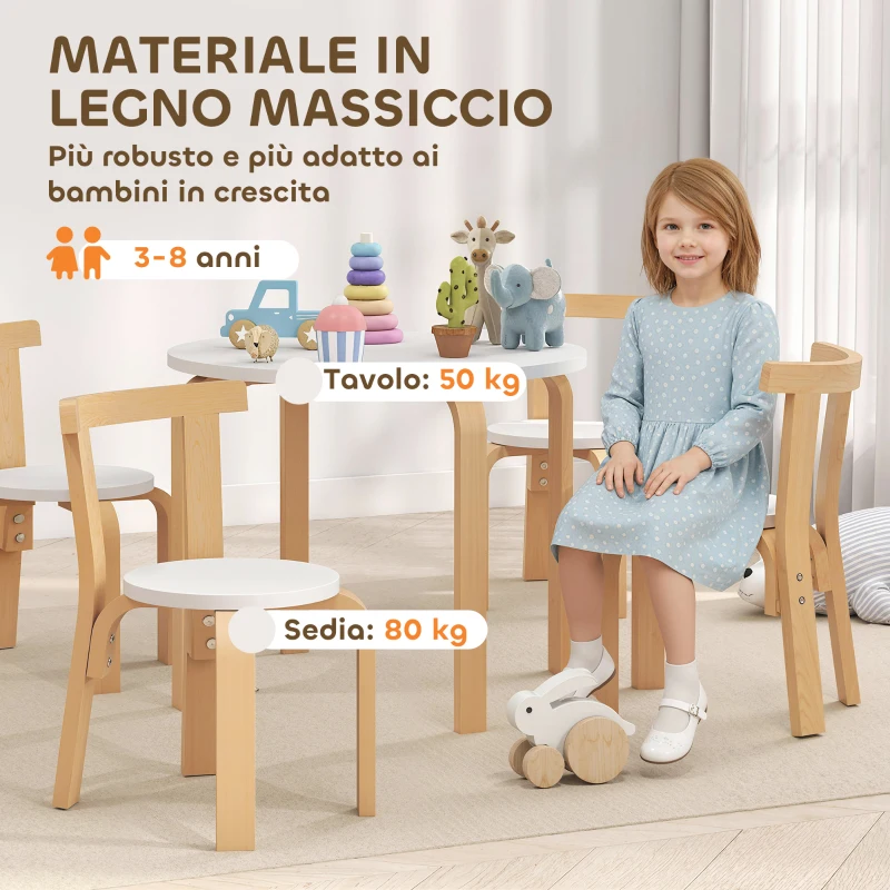 AIYAPLAY Set Tavolo e Sedie per Bambini 3-8 Anni 5 pz con Bordi Arrotondati in Legno Bianco