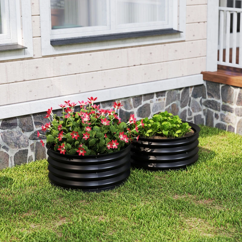 Outsunny Set of 2 Raised Garden Bed, Metal Planter Box with Safety Edging, Easy-to-assemble Stock Tank, Dark Grey