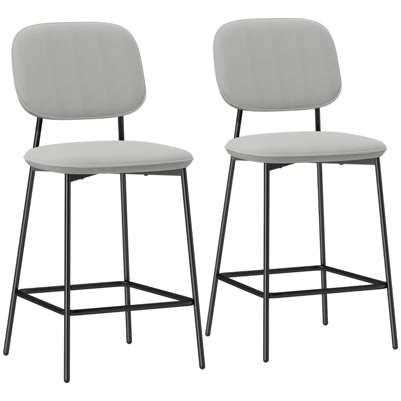 HOMCOM Lot de 2 tabourets de bar, tabourets bistro avec repose-pieds, revêtement en velours, pieds en acier, pour salle à manger, 45 x 49 x 102 cm, Gris clair