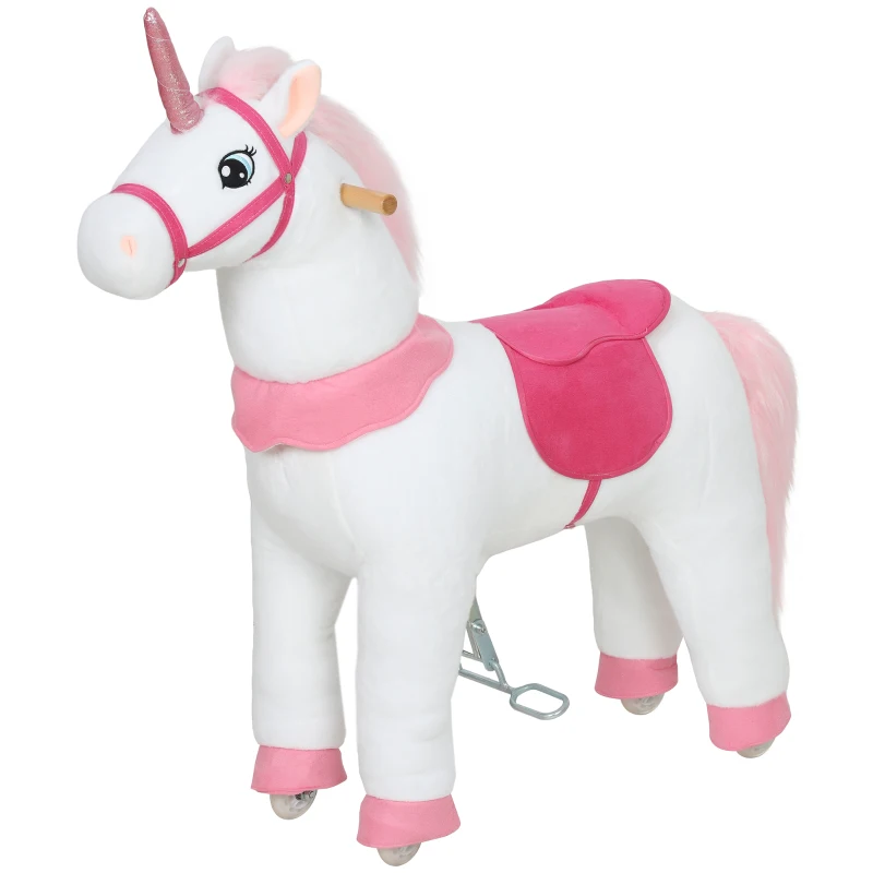AIYAPLAY Unicorno da cavalcare per bambini, rivestimento in tessuto, telaio stabile, ruote morbide, 3-5 anni, Bianco
