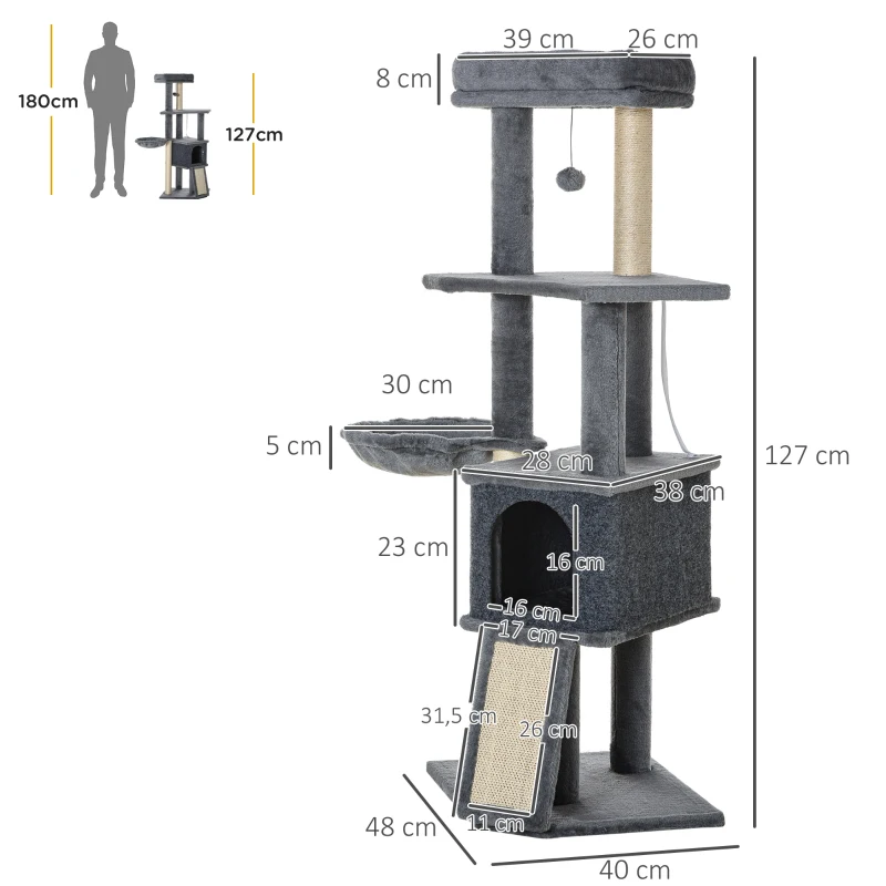 PawHut Árbol Rascador para Gatos Árbol para Gatos 127 cm con Cueva Hamaca Cama Plataformas Rampa de Sisal Bola Colgante Gris