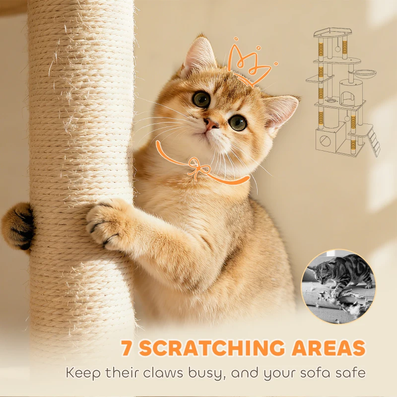 PawHut 170 cm Large Cat Tree, Cat Tower with 7 Scratching Posts, Tunnel, 2 Condos, Hammock, Perch, Ramp, Pompoms, Light Grey