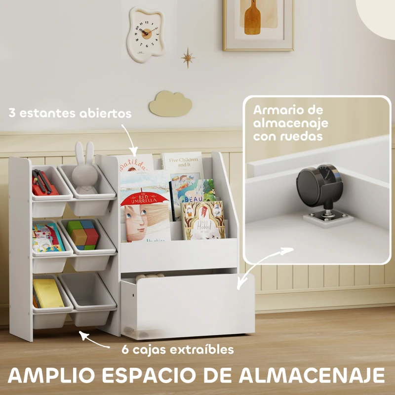 AIYAPLAY Estantería Infantil para Juguetes con 6 Cajas Extraíbles 3 Estantes Abiertos y Cajón Inferior con Ruedas para Guardería