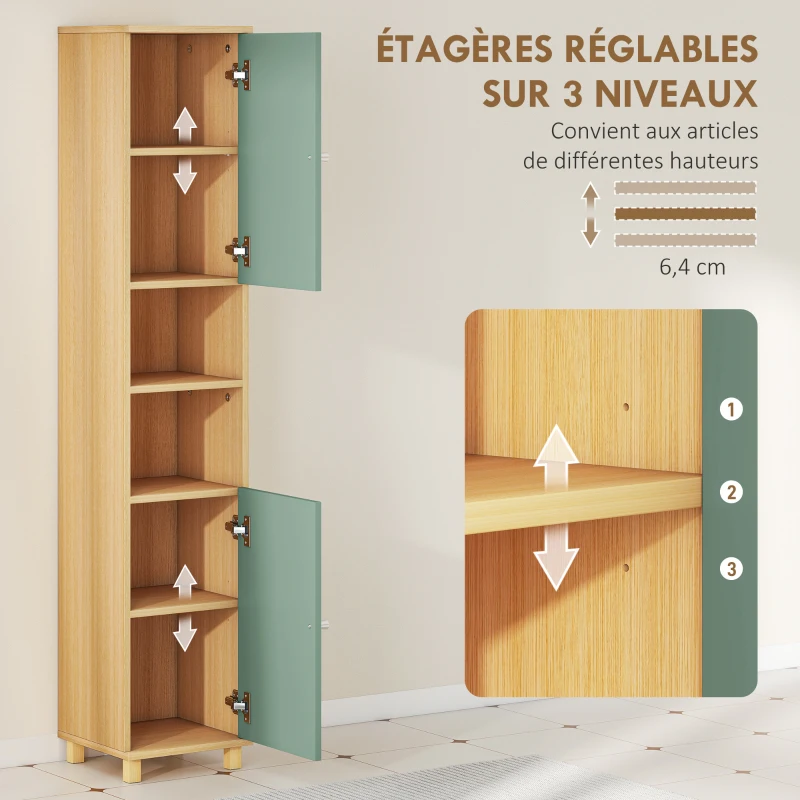 HOMCOM Meuble de salle de bain meuble de rangement 2 placards 2 compartiments ouverts étagères réglables 30 x 30 x 166 cm, vert