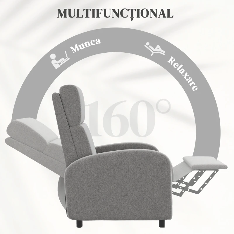 HOMCOM Scaun Inclinabil Modern, Canapea Single din Tesatura de Panza, Scaune de Teatru pentru Acasa cu Brate si Spatar Bine Umplute, Gri