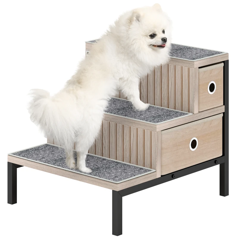PawHut Dog Stairs with Storage, Non-Slip Cover, Pet Steps for Small Dogs & Older Cats, for Sofa, High Bed, Oak Tone