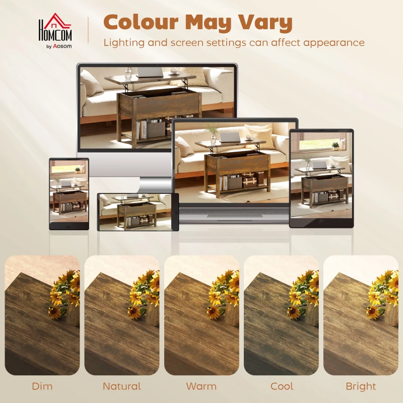 HOMCOM Hochklappbarer und ausziehbarer Couchtisch Wohnzimmertisch mit verstecktem Fach offenes Regal 100x45x50,5cm rustikales Braun