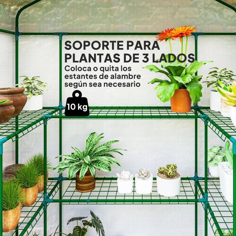 Outsunny Invernadero de 3 Niveles con 1 Puerta 2 Ventanas y Estantes en Forma de U para Cultivo de Plantas 140x73x190 cm Blanco