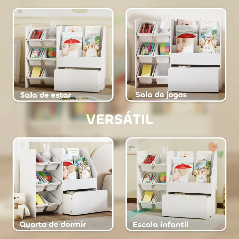 AIYAPLAY Estante Infantil para Brinquedos com 6 Caixas Removíveis 3 Prateleiras Abertas e Gaveta Inferior com Rodas 100x30x80 cm Branco