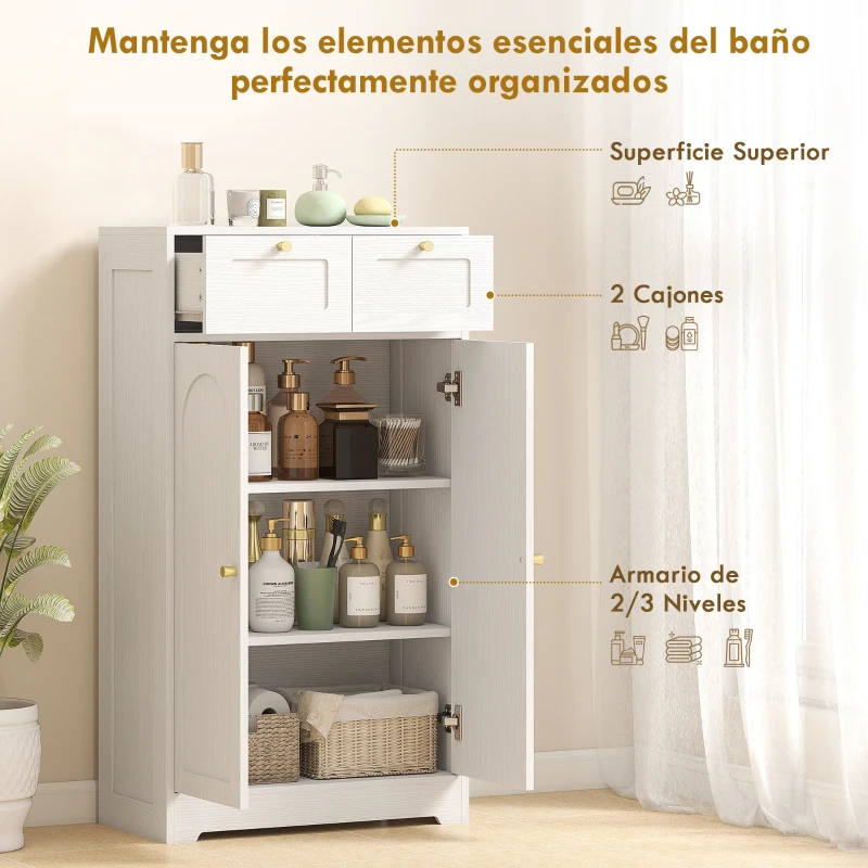 HOMCOM Armario de Baño Estrecho con 2 Cajones Estante Abierto y Puerta con Panel Arqueado 60x30x108 cm Blanco Veteado