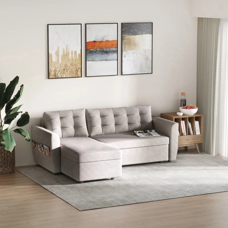 HOMCOM Canapea Extensibila pe Colt 3 locuri cu Sezlong Compartiment din Material Textil(m-7)