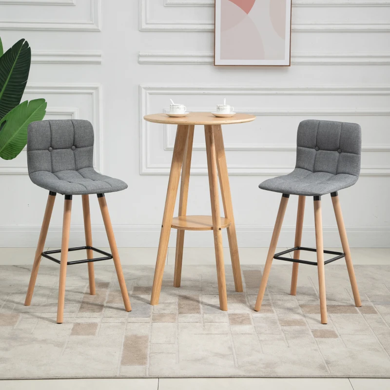 HOMCOM Lot de 2 tabourets de bar, chaises de bar capitonnées avec dossier et repose-pieds, pieds en bois, 41,5x47x97,5cm, gris