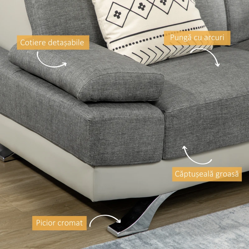 HOMCOM Canapea din piele artificiala cu 2 locuri cu tetiera reglabila pe 5 niveluri, canapea moderna pentru salon si sufragerie, 189x96,5x84cm, gri