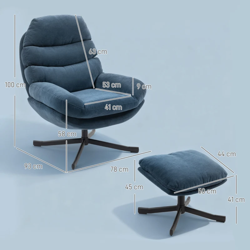 HOMCOM Sillón relax con otomana Sillón lounge con tela chenilla, sillón moderno para ver la TV, 78 x 93 x 100 cm, azul